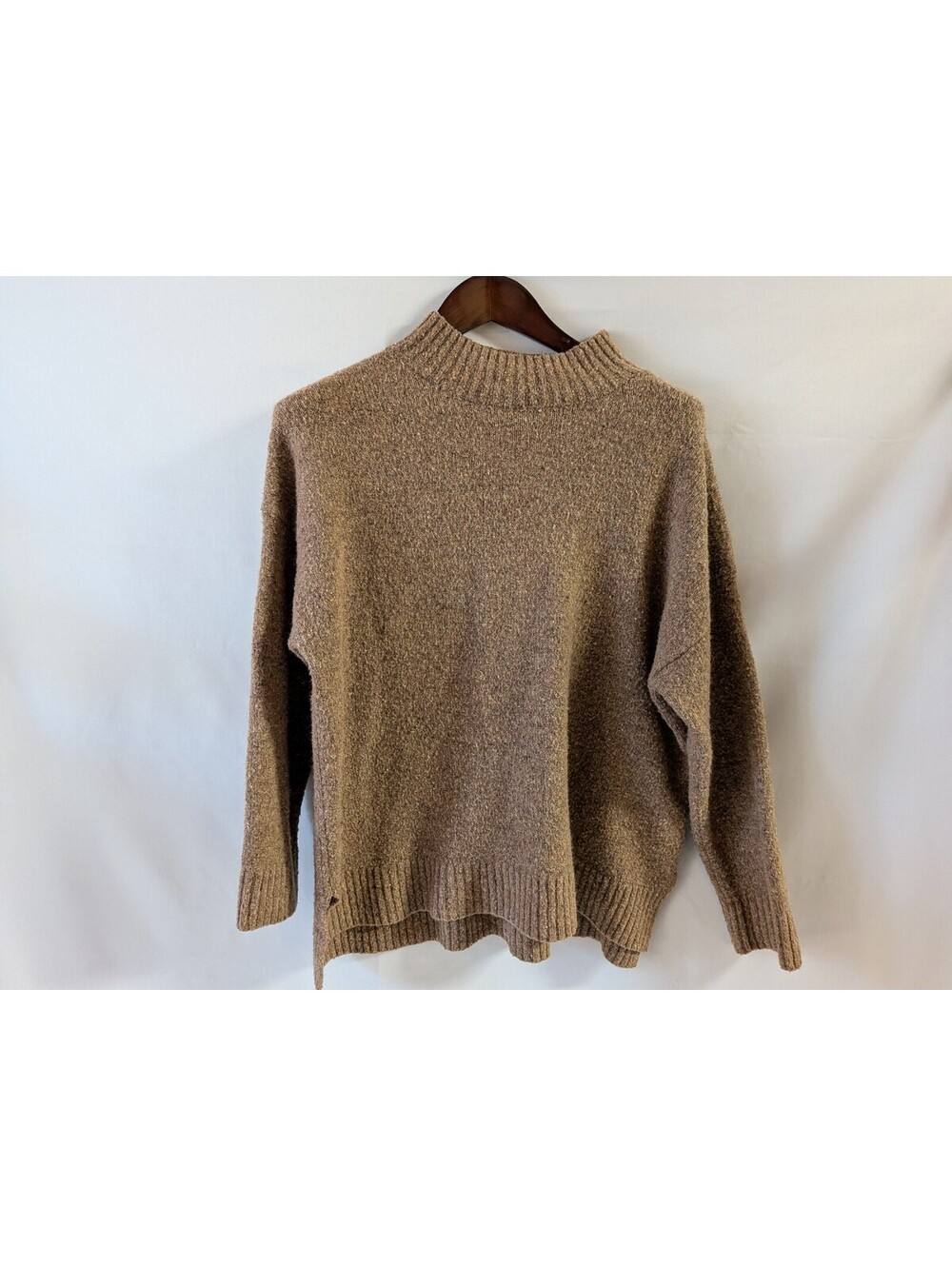 Neutral Color Heathered Brown Tweed Mock Neck Sweater Knit Pullover XL